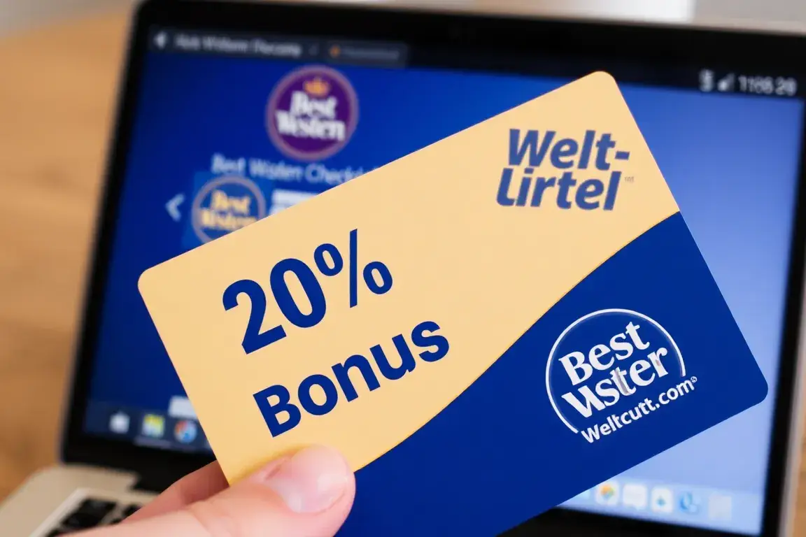 Best Western Geschenkkarten mit 20% Bonus bis Februar 2026: Realistisches 16:9-Bild: Nahaufnahme einer Best Western Geschenkkarte mit einem…