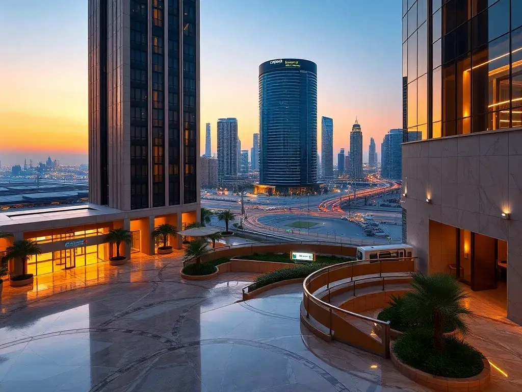 Conrad Dubai: Start ab 108 €/Nacht – Frühstück & Boni: AI image prompt: Luxuriöses Conrad Dubai Hotel bei Abenddämmerung; Fassade, glänzend…