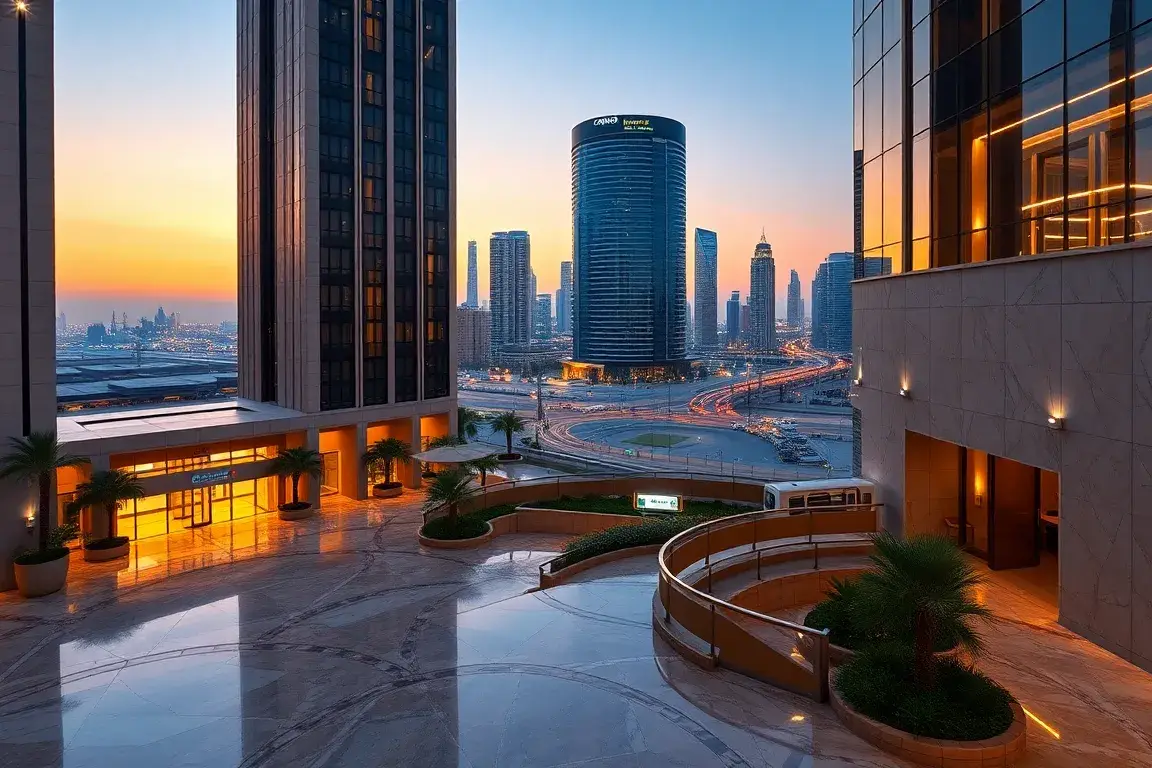 Conrad Dubai: Start ab 108 €/Nacht – Frühstück & Boni: AI image prompt: Luxuriöses Conrad Dubai Hotel bei Abenddämmerung; Fassade, glänzend…