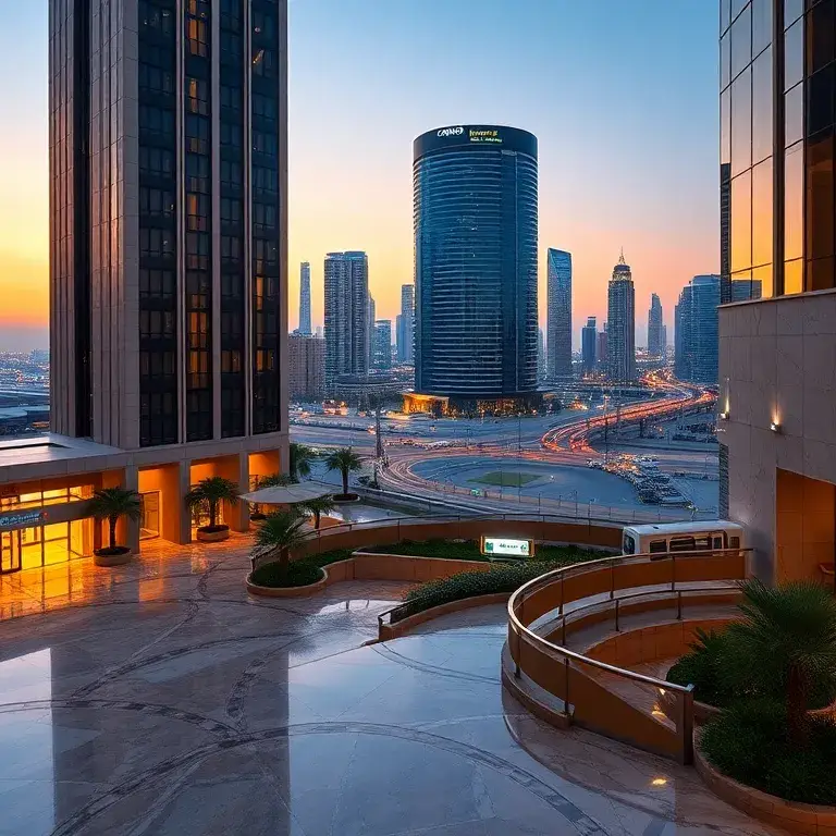 Conrad Dubai: Start ab 108 €/Nacht – Frühstück & Boni: AI image prompt: Luxuriöses Conrad Dubai Hotel bei Abenddämmerung; Fassade, glänzend…