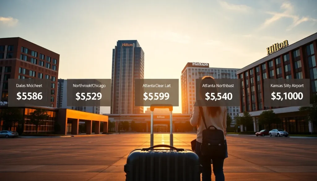 Die 5 billigsten Hilton-Hotels in den USA - Die 5 billigsten echten Hilton-Hotels: Eine fotorealistische Collage mit Frontansichten von fün…