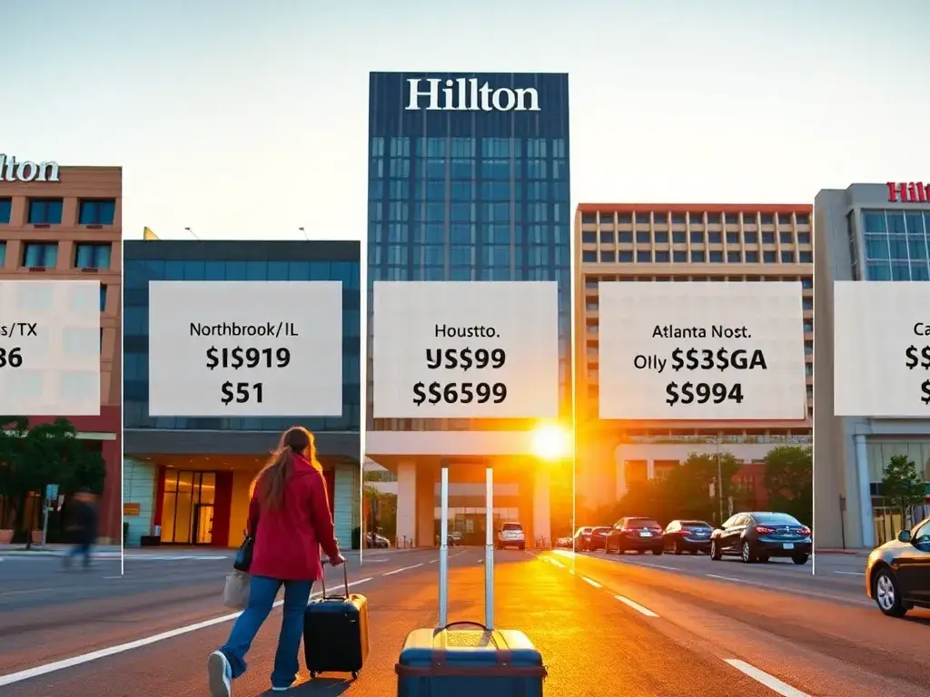 Die 5 billigsten Hilton-Hotels in den USA: Eine fotorealistische Collage mit Frontansichten von fünf Hilton-Hotels in den USA (Dallas/TX, C…