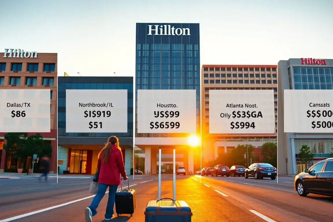 Die 5 billigsten Hilton-Hotels in den USA: Eine fotorealistische Collage mit Frontansichten von fünf Hilton-Hotels in den USA (Dallas/TX, C…