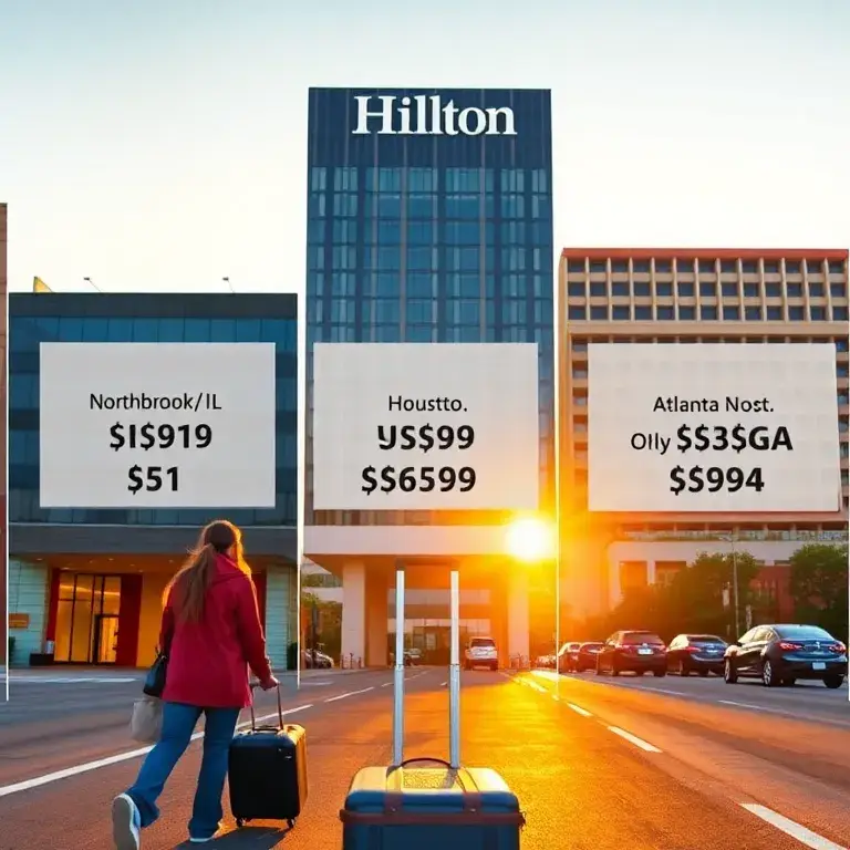 Die 5 billigsten Hilton-Hotels in den USA: Eine fotorealistische Collage mit Frontansichten von fünf Hilton-Hotels in den USA (Dallas/TX, C…