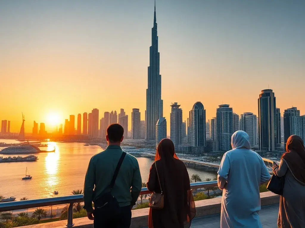 Dubai-Reise: Planung, Tipps und Highlights: Eine beeindruckende Dubai-Skyline bei Sonnenuntergang: Burj Khalifa ragt über die glitzernde Ma…