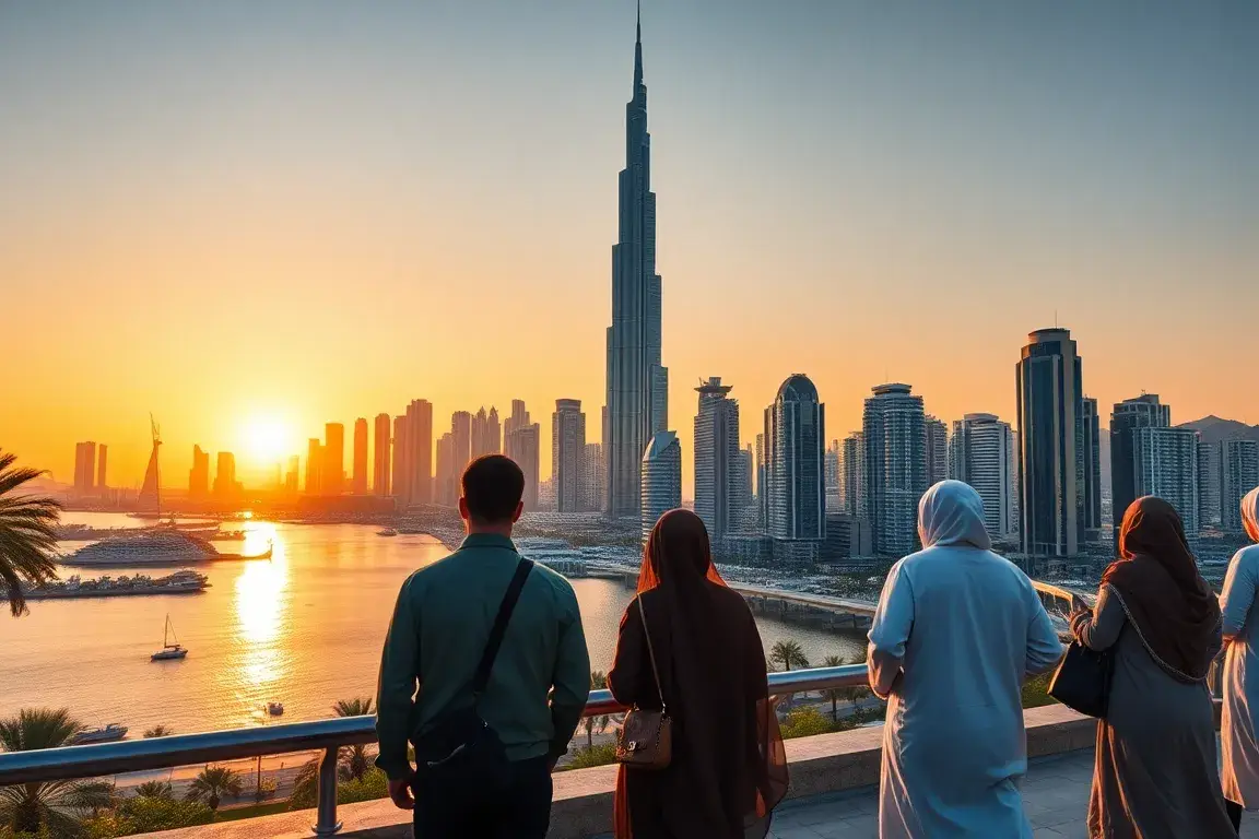 Dubai-Reise: Planung, Tipps und Highlights: Eine beeindruckende Dubai-Skyline bei Sonnenuntergang: Burj Khalifa ragt über die glitzernde Ma…