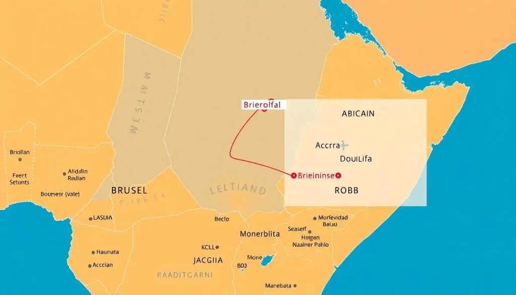 €389 Royal Air Maroc: Côte d’Ivoire, Ghana, Kamerun, Liberia - Destinationen: Midpost-Bild: Eine detailreiche Karte West- und Zentralafrika…