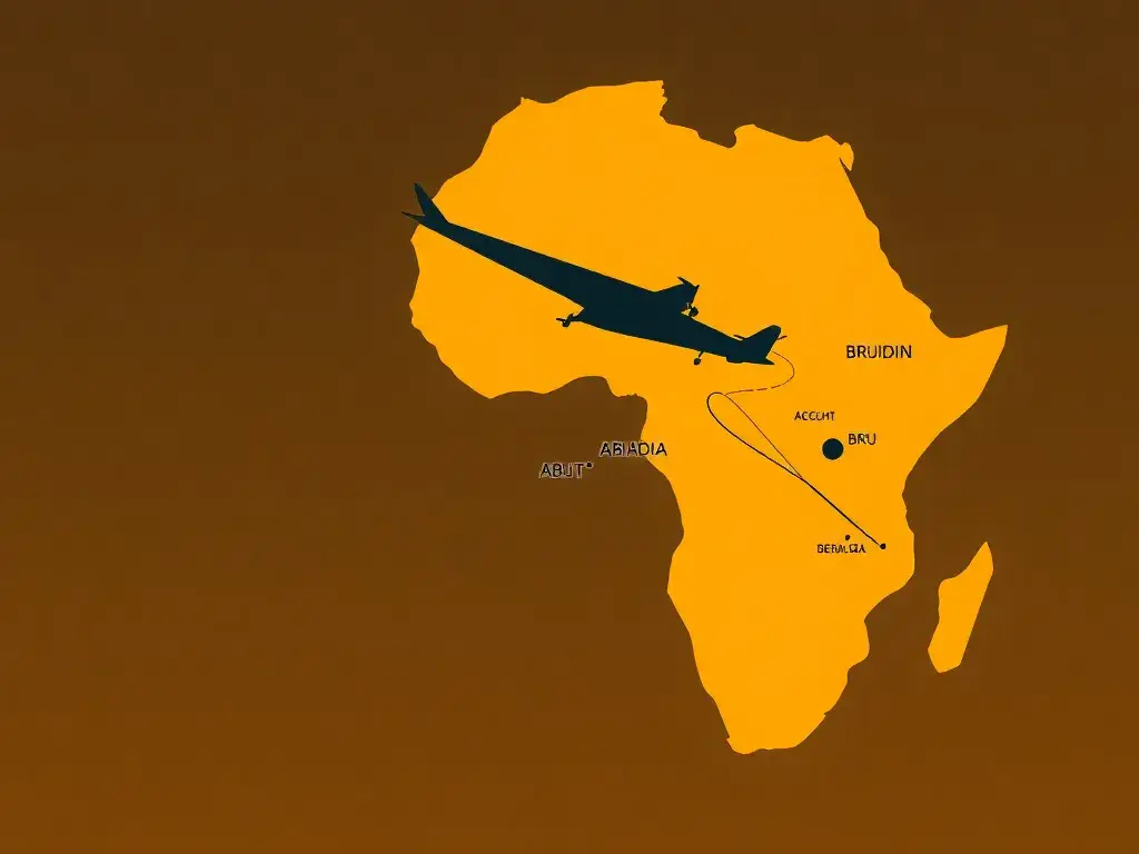 €389 Royal Air Maroc: Côte d’Ivoire, Ghana, Kamerun, Liberia: Hochauflösendes Coverbild: Flugzeug-Silhouette über einer stilisierten Africa…