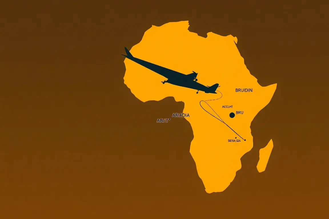 €389 Royal Air Maroc: Côte d’Ivoire, Ghana, Kamerun, Liberia: Hochauflösendes Coverbild: Flugzeug-Silhouette über einer stilisierten Africa…