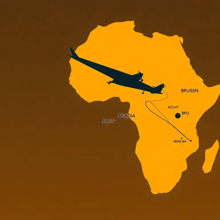 €389 Royal Air Maroc: Côte d’Ivoire, Ghana, Kamerun, Liberia: Hochauflösendes Coverbild: Flugzeug-Silhouette über einer stilisierten Africa…