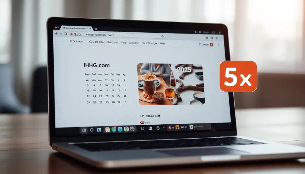 IHG Punkte Dezember 2025: 5x am Montag oder Dienstag buchen - Buchung auf IHG.com: Hyperrealistisches Bild eines Laptop-Bildschirms, der di…