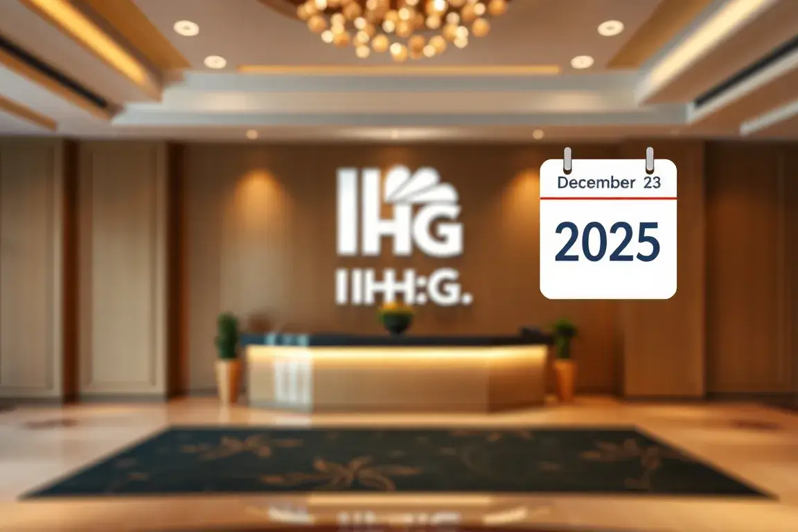 IHG Punkte Dezember 2025: 5x am Montag oder Dienstag buchen: Ein luxuriöser Hotel-Empfangsbereich mit IHG-Logo im Hintergrund, darüber schw…
