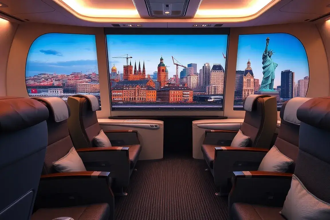 New York €1.497: Turkish Airlines Business Class Stockholm: Hero-Bild: Fotorealistische Turkish Airlines Business Class-Kabine (A350 oder 7…