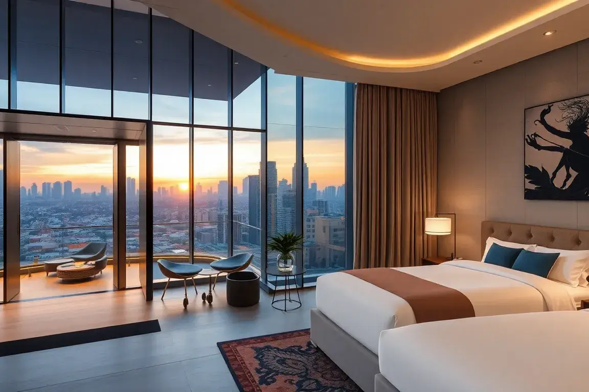 Pullman Bangkok Hotel G: 87€/Nacht inkl Frühstück: Erstelle ein hochaufloesendes hero image des Pullman Bangkok Hotel G: moderne Glasfassad…