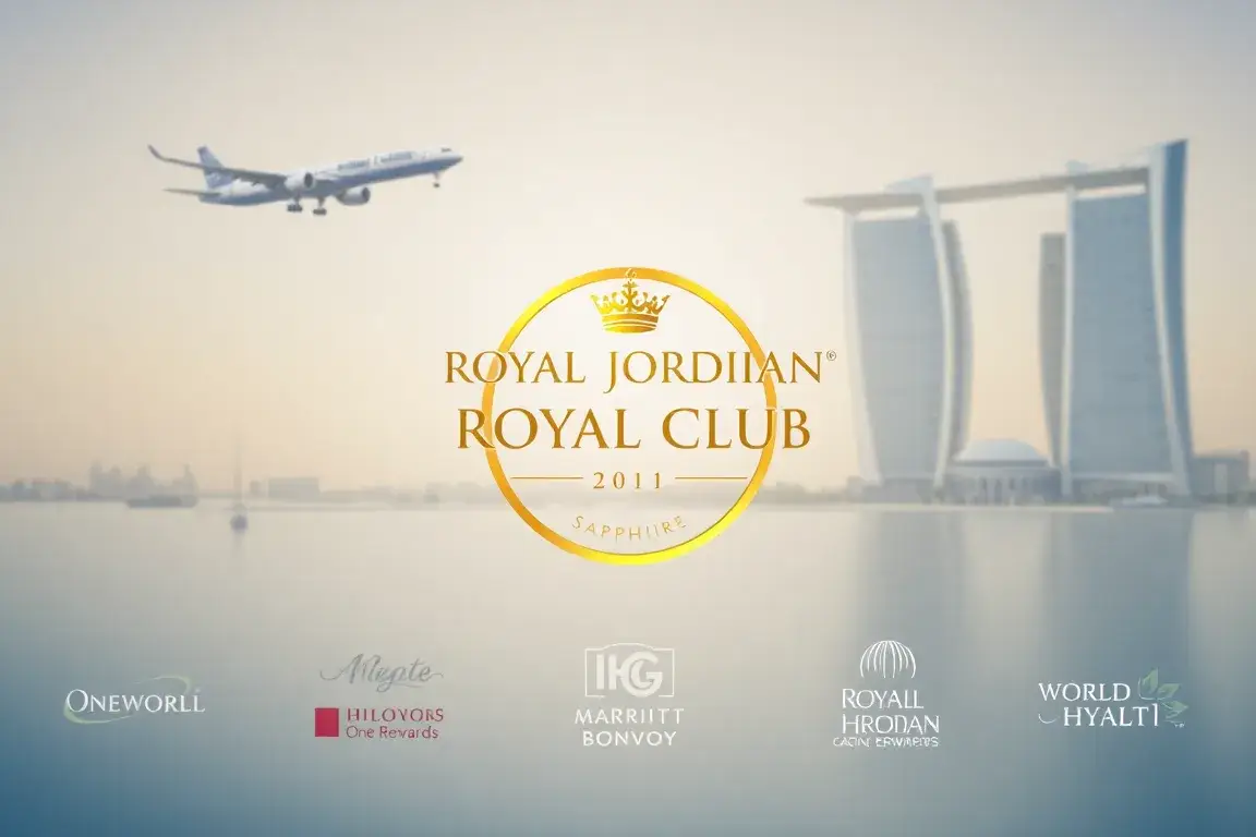 Royal Jordanian Royal Club: Sapphire-Status 149$: Zentrales Header-Bild: Goldenes Royal Jordanian Royal Club Logo im Mittelpunkt, umgeben v…