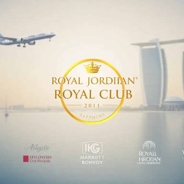 Royal Jordanian Royal Club: Sapphire-Status 149$: Zentrales Header-Bild: Goldenes Royal Jordanian Royal Club Logo im Mittelpunkt, umgeben v…