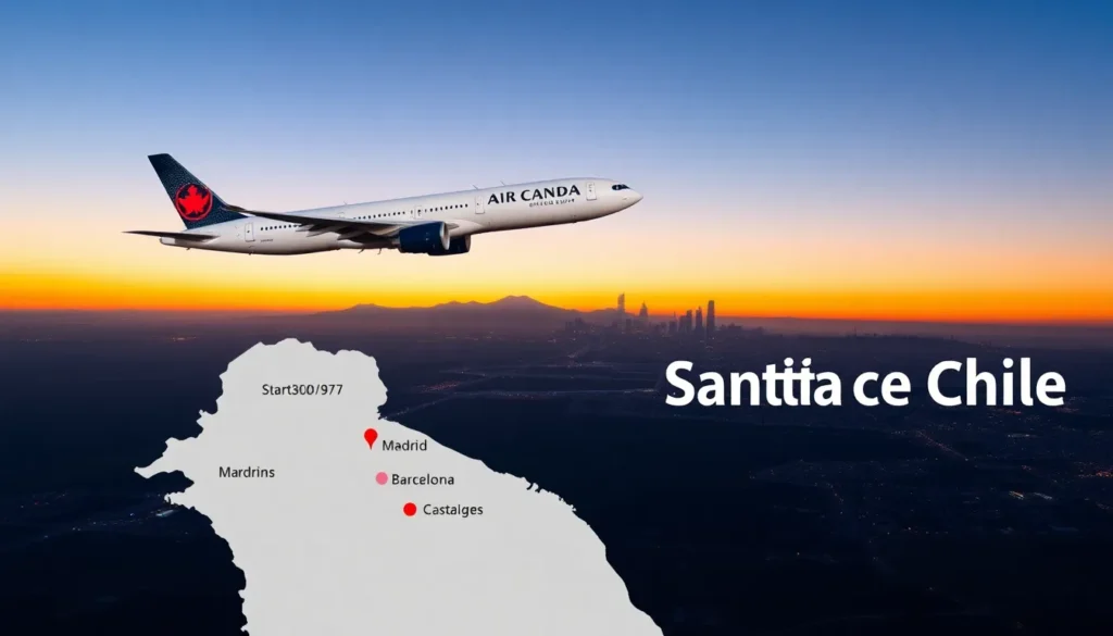 Santiago de Chile: Flüge Madrid & Barcelona ab 517€ - Reiseziel: Ein Air Canada Flugzeug (A330 oder 787) fliegt über eine stilisierte Karte…