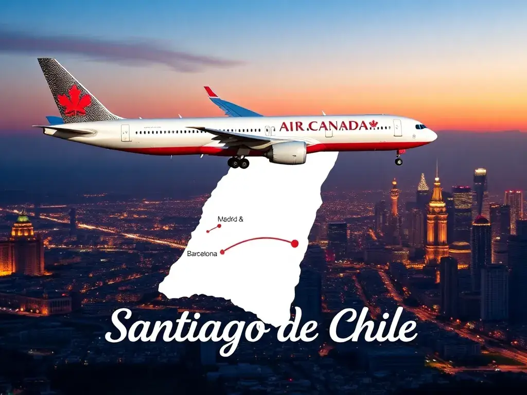 Santiago de Chile: Flüge Madrid & Barcelona ab 517€: Eine hochwertige Header-Grafik: Ein Air Canada Flugzeug (Airbus A330 oder Boeing 787) …