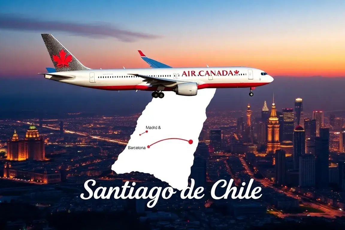 Santiago de Chile: Flüge Madrid & Barcelona ab 517€: Eine hochwertige Header-Grafik: Ein Air Canada Flugzeug (Airbus A330 oder Boeing 787) …