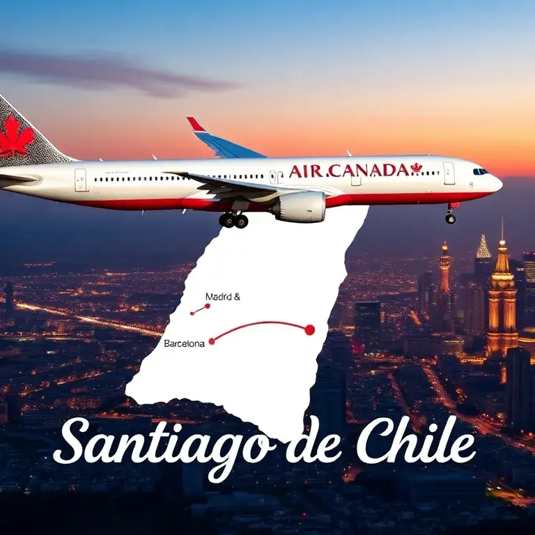 Santiago de Chile: Flüge Madrid & Barcelona ab 517€: Eine hochwertige Header-Grafik: Ein Air Canada Flugzeug (Airbus A330 oder Boeing 787) …
