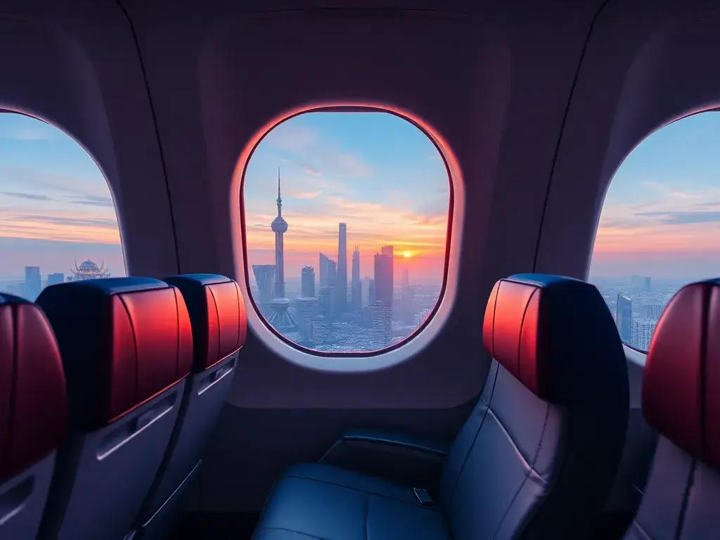 Shanghai Nanjing: Premium Economy ab Amsterdam: Hochauflösendes Header-Bild eines Premium-Economy-Sitzes in einem modernen Airbus A350, Bli…