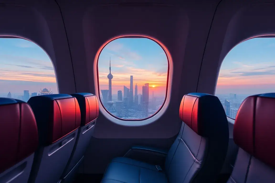 Shanghai Nanjing: Premium Economy ab Amsterdam: Hochauflösendes Header-Bild eines Premium-Economy-Sitzes in einem modernen Airbus A350, Bli…