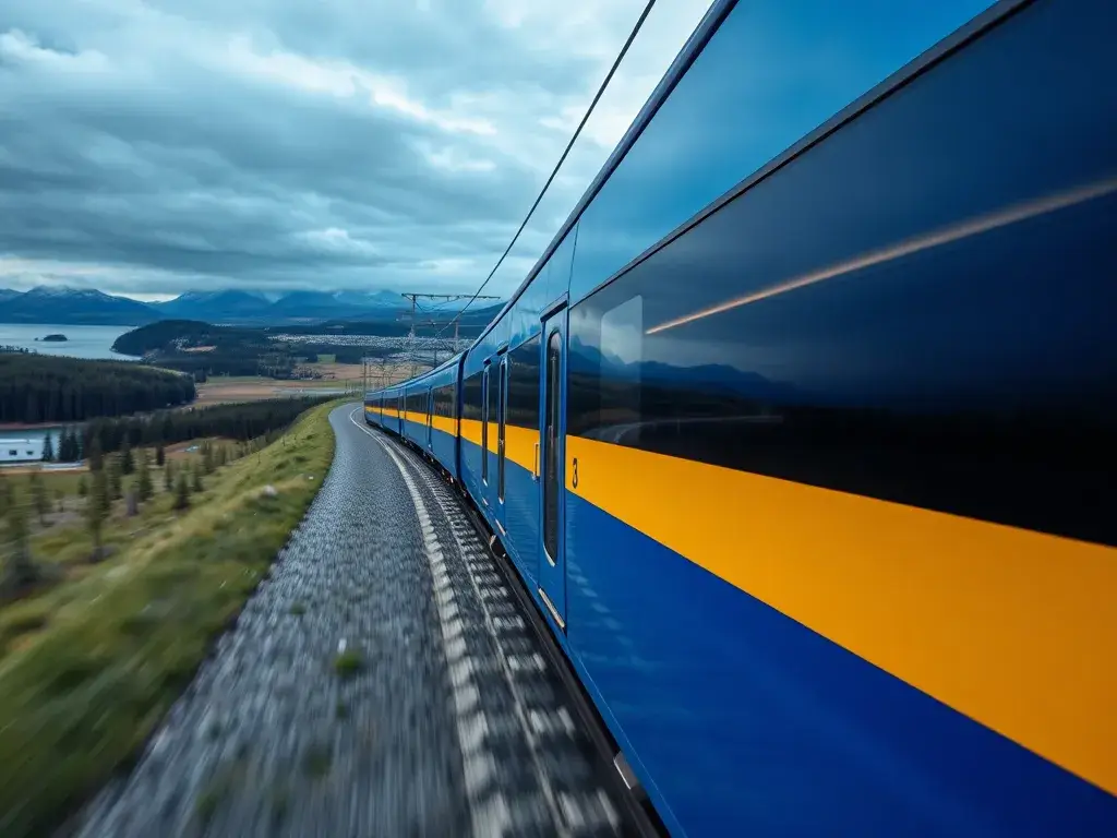 SJ-Reisen durch Schweden: 8€ pro Trip (Jan–Mrz 2026): Ein fotorealistisches Bild eines SJ-Hochgeschwindigkeitszugs in Blau-Gelb, der durch …