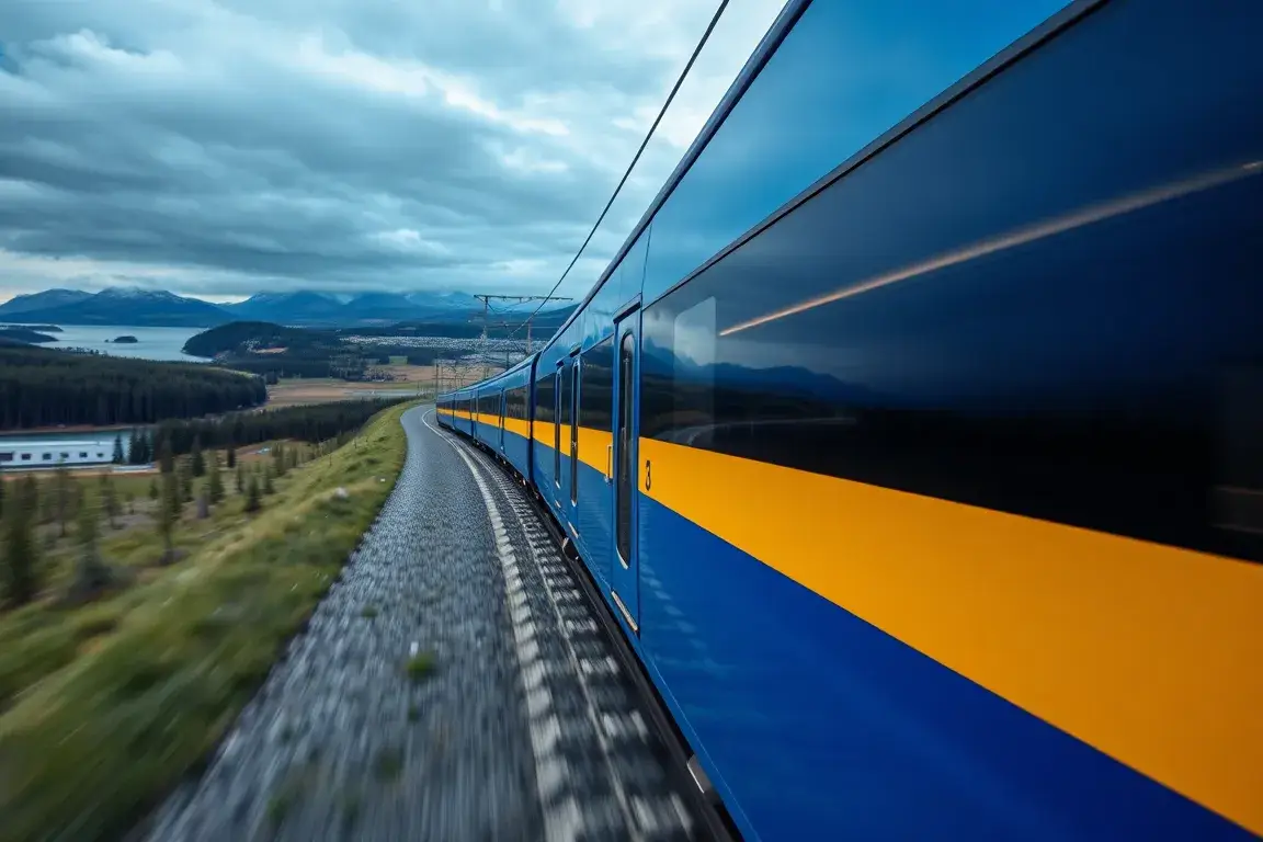 SJ-Reisen durch Schweden: 8€ pro Trip (Jan–Mrz 2026): Ein fotorealistisches Bild eines SJ-Hochgeschwindigkeitszugs in Blau-Gelb, der durch …