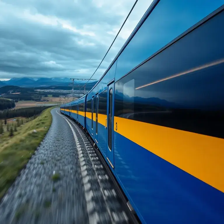 SJ-Reisen durch Schweden: 8€ pro Trip (Jan–Mrz 2026): Ein fotorealistisches Bild eines SJ-Hochgeschwindigkeitszugs in Blau-Gelb, der durch …