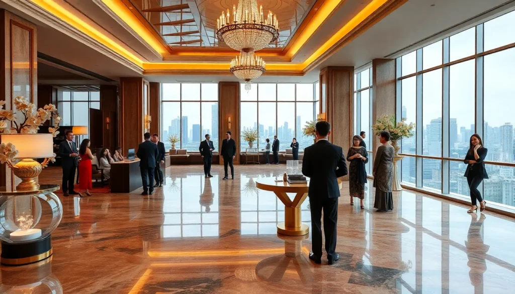 The Ritz-Carlton Bangkok: ab 274€ pro Nacht - Das Hotel: The Ritz-Carlton Bangkok: Ultra-detailliertes, kinoähnliches Bild der Lobby des Th…