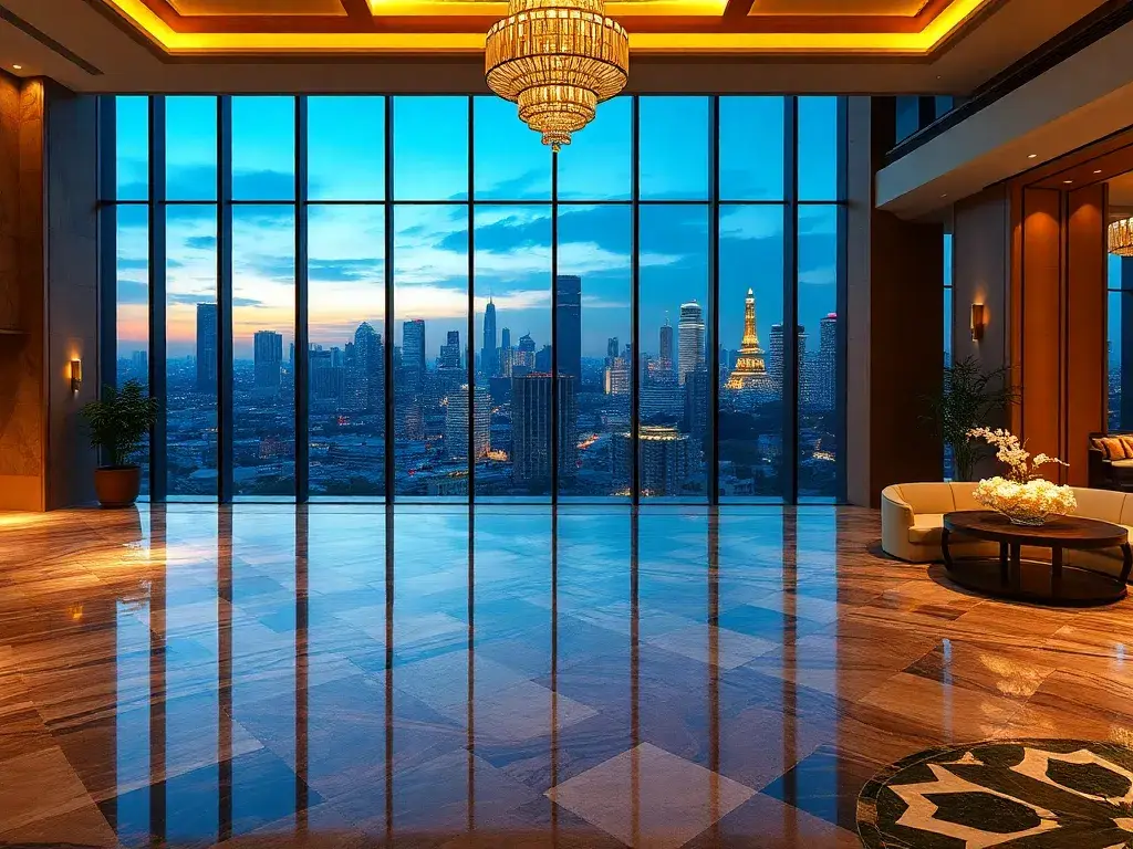 The Ritz-Carlton Bangkok: ab 274€ pro Nacht: Hyperrealistische Komposition des The Ritz-Carlton Bangkok: Vorderansicht des Hotels bei Dämme…