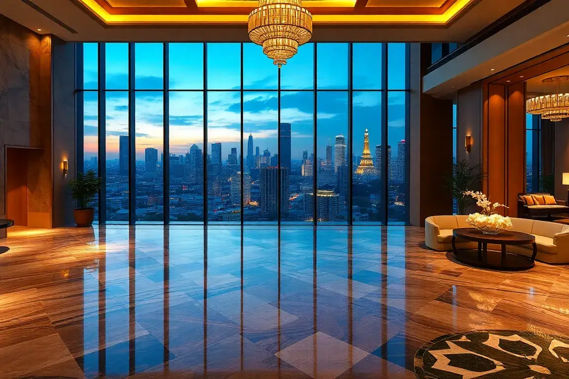 The Ritz-Carlton Bangkok: ab 274€ pro Nacht: Hyperrealistische Komposition des The Ritz-Carlton Bangkok: Vorderansicht des Hotels bei Dämme…