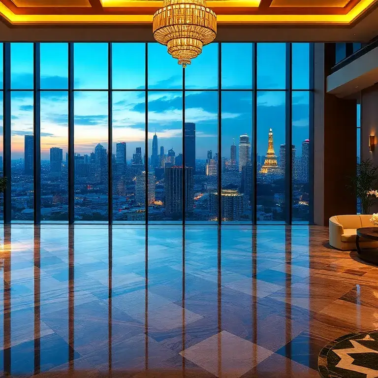 The Ritz-Carlton Bangkok: ab 274€ pro Nacht: Hyperrealistische Komposition des The Ritz-Carlton Bangkok: Vorderansicht des Hotels bei Dämme…