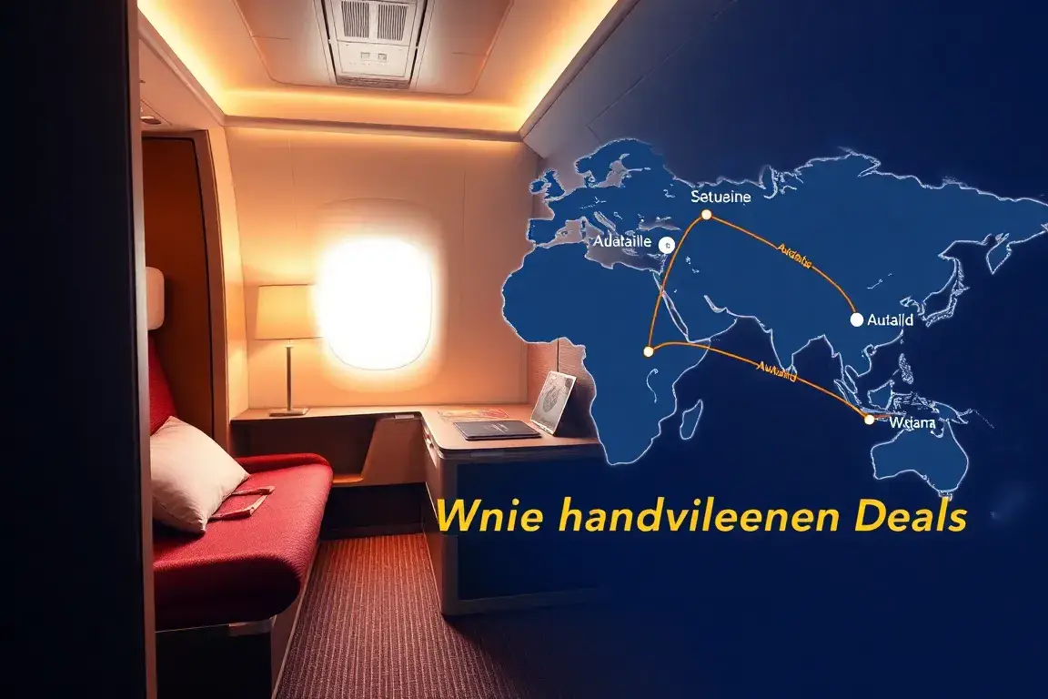 Turkish Airlines: Adelaide & Auckland – Deals der Woche: Eine stilvolle Hauptgrafik, die Reise-Deals visuell vereint: eine luxuriöse Turkis…