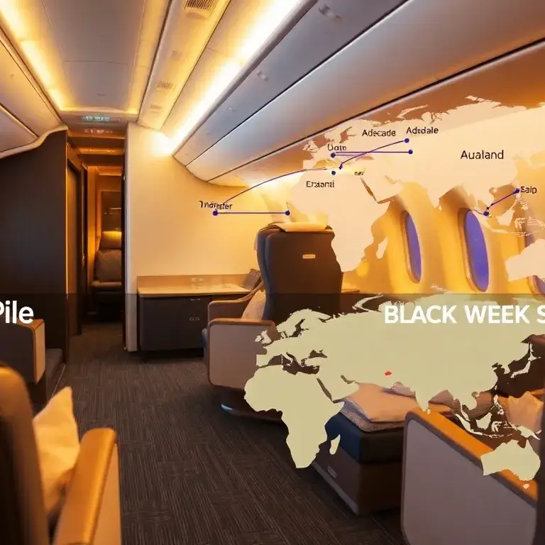 Unsere handverlesenen Deals der Woche: Adelaide & Auckland: Ein hochwertiges Hauptbild: Eine luxuriöse Business-Class-Kabine mit großzügige…