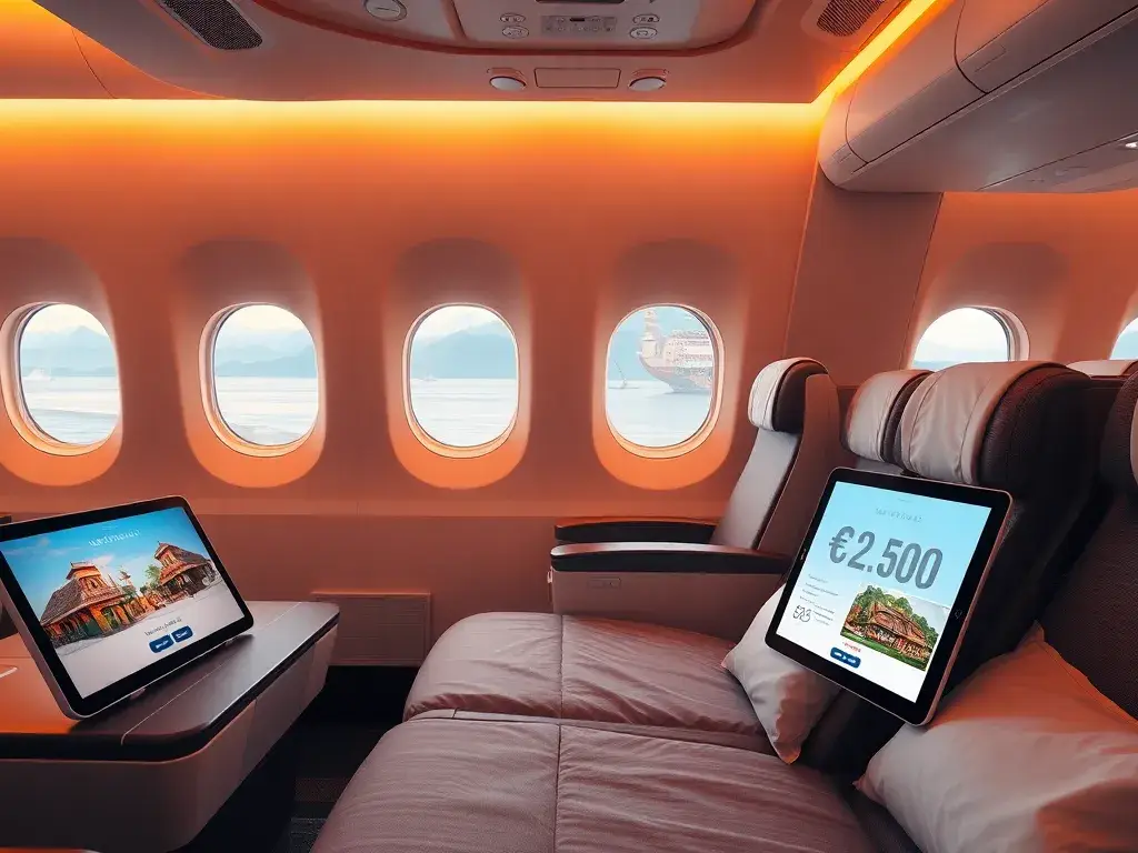 Unsere handverlesenen Deals der Woche: Turkish & Iberia: Fotorealistisches Hero-Bild einer luxuriösen Turkish Airlines Business Class-Kabin…