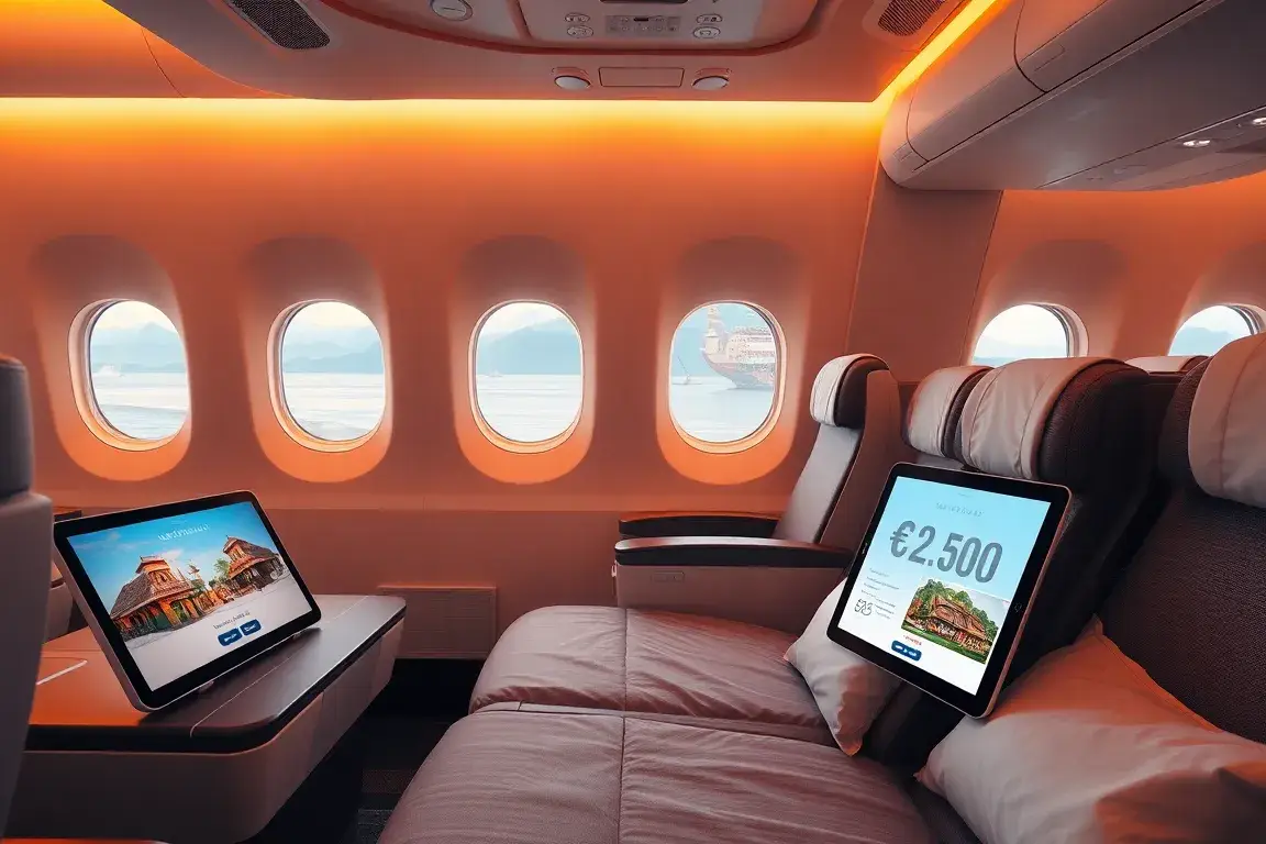 Unsere handverlesenen Deals der Woche: Turkish & Iberia: Fotorealistisches Hero-Bild einer luxuriösen Turkish Airlines Business Class-Kabin…