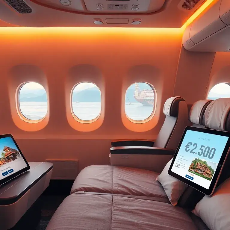 Unsere handverlesenen Deals der Woche: Turkish & Iberia: Fotorealistisches Hero-Bild einer luxuriösen Turkish Airlines Business Class-Kabin…