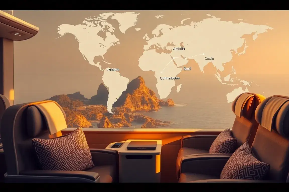 Unsere handverlesenen Deals der Woche: Ein hochauflösendes Travel-Deal-Banner: Die Turkish Airlines Business Class-Kabine mit großzügigen S…