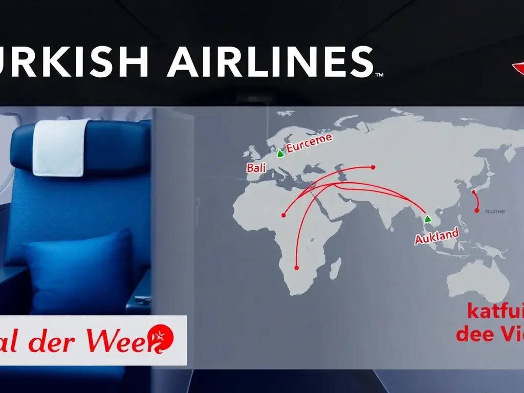 Unsere Handverlesenen Dealz der Woche: Hauptbild: Eine luxuriöse Turkish Airlines Business Class-Kabine in Blau- und Cremetönen, daneben ei…