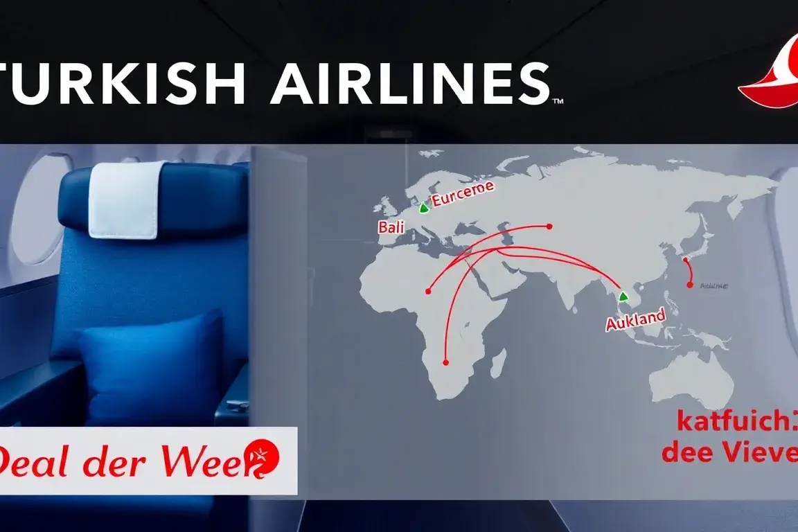 Unsere Handverlesenen Dealz der Woche: Hauptbild: Eine luxuriöse Turkish Airlines Business Class-Kabine in Blau- und Cremetönen, daneben ei…