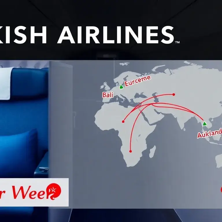 Unsere Handverlesenen Dealz der Woche: Hauptbild: Eine luxuriöse Turkish Airlines Business Class-Kabine in Blau- und Cremetönen, daneben ei…