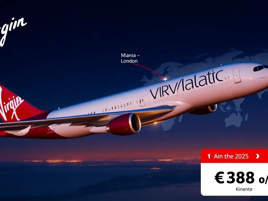 Virgin Atlantic Punkte kaufen: 70% Bonus: Große Hero-Visualisierung eines Virgin Atlantic-Flugzeugs am Abend, dazu eine Weltkarte im Hinter…