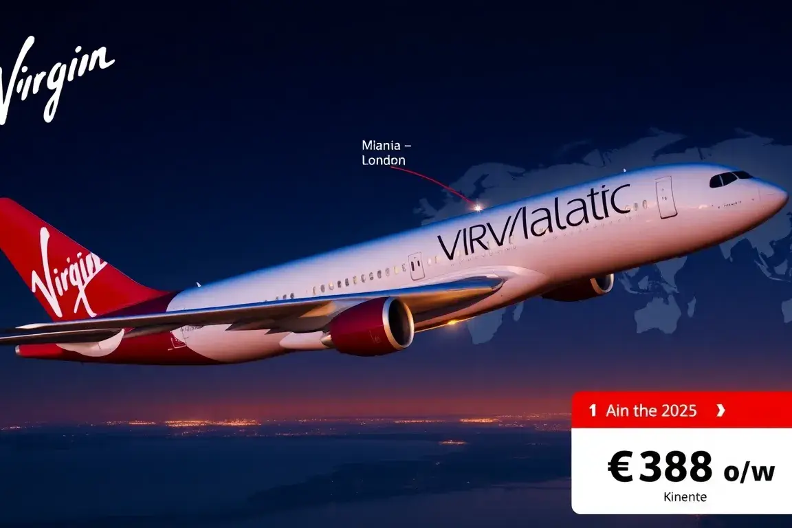 Virgin Atlantic Punkte kaufen: 70% Bonus: Große Hero-Visualisierung eines Virgin Atlantic-Flugzeugs am Abend, dazu eine Weltkarte im Hinter…