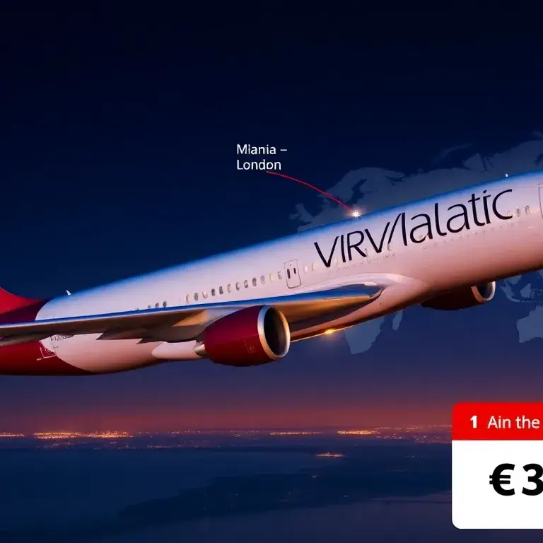 Virgin Atlantic Punkte kaufen: 70% Bonus: Große Hero-Visualisierung eines Virgin Atlantic-Flugzeugs am Abend, dazu eine Weltkarte im Hinter…