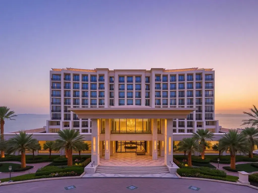Waldorf Astoria Dubai Palm Jumeirah – Sommer-Deal €138: Luxuriöse Hauptaufnahme des Waldorf Astoria Dubai Palm Jumeirah bei Sonnenuntergang…