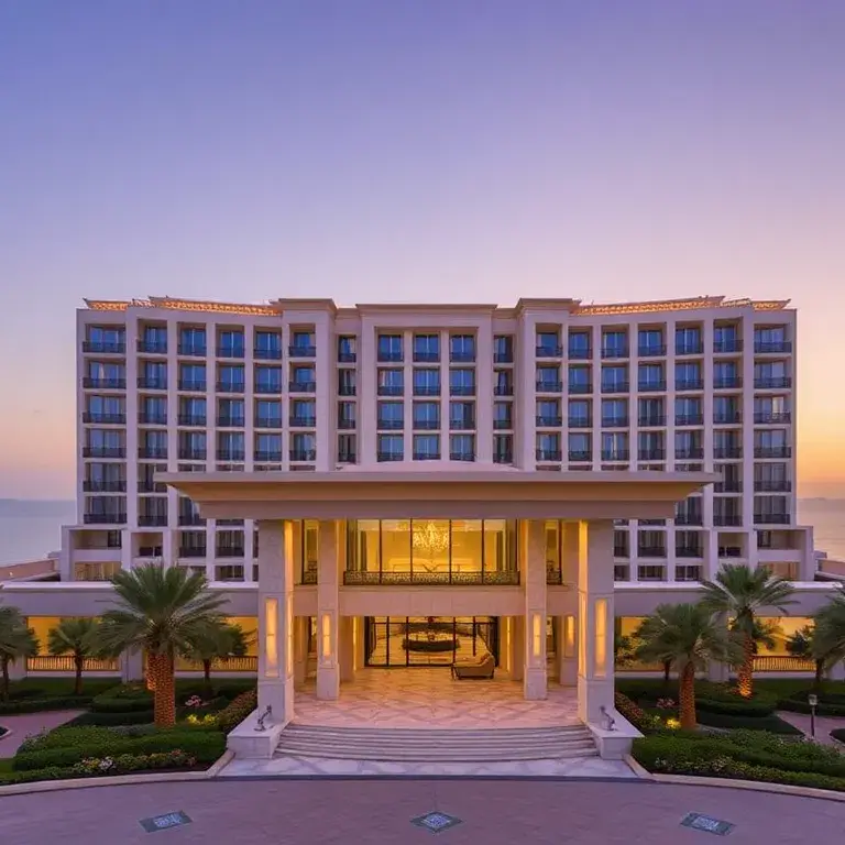 Waldorf Astoria Dubai Palm Jumeirah – Sommer-Deal €138: Luxuriöse Hauptaufnahme des Waldorf Astoria Dubai Palm Jumeirah bei Sonnenuntergang…