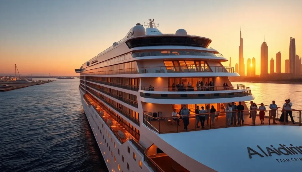 AIDAprima: 46 Nächte Hamburg–Dubai im Oktober - Das Schiff: Fotorealistisches, kinoreifes Bild des Kreuzfahrtschiffs AIDAprima auf offener …