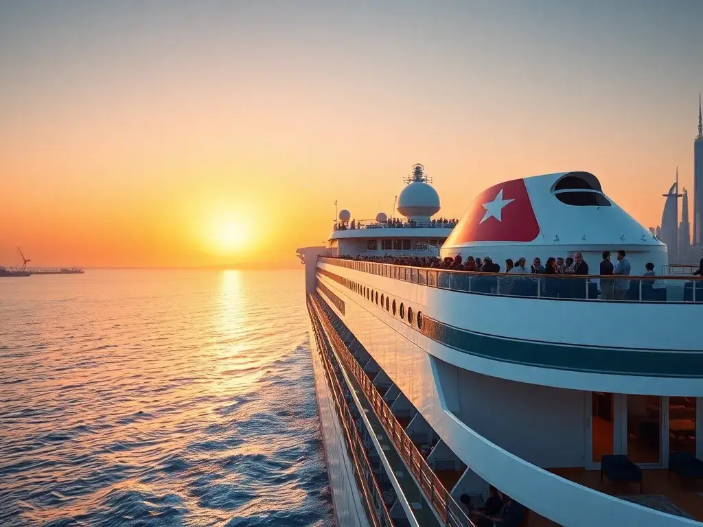 AIDAprima: 46 Nächte Hamburg–Dubai im Oktober: Ein cinematic, fotorealistisches Bild eines Kreuzfahrtschiffs AIDAprima, das in den Sonnenun…