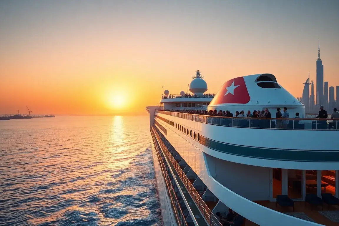 AIDAprima: 46 Nächte Hamburg–Dubai im Oktober: Ein cinematic, fotorealistisches Bild eines Kreuzfahrtschiffs AIDAprima, das in den Sonnenun…
